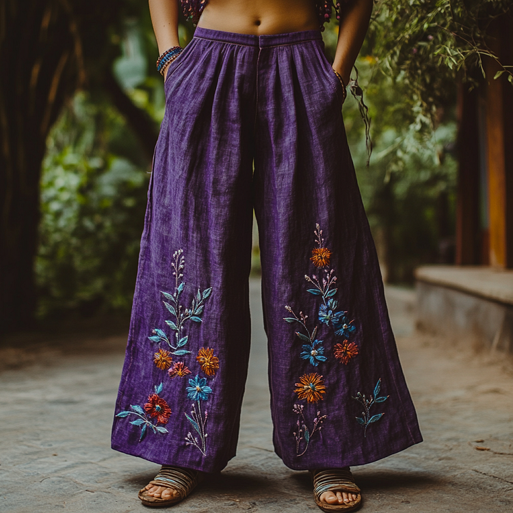Bohemian Holiday Style Linen Bohemian Floral Print Linen Long Loose Wide-leg Pants