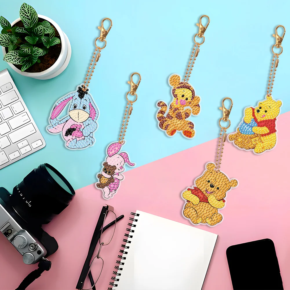 5pcs Winnie-the-Pooh DIY Diamond Art Key Rings Cartoon Keychain Supplies Gift for Kids(Double Sided)