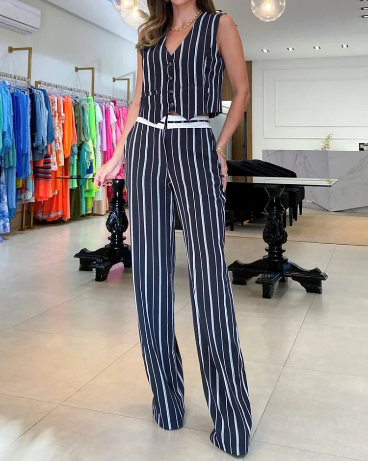 Fashion Solid Color Striped Vest & Trousers Two-piece Set