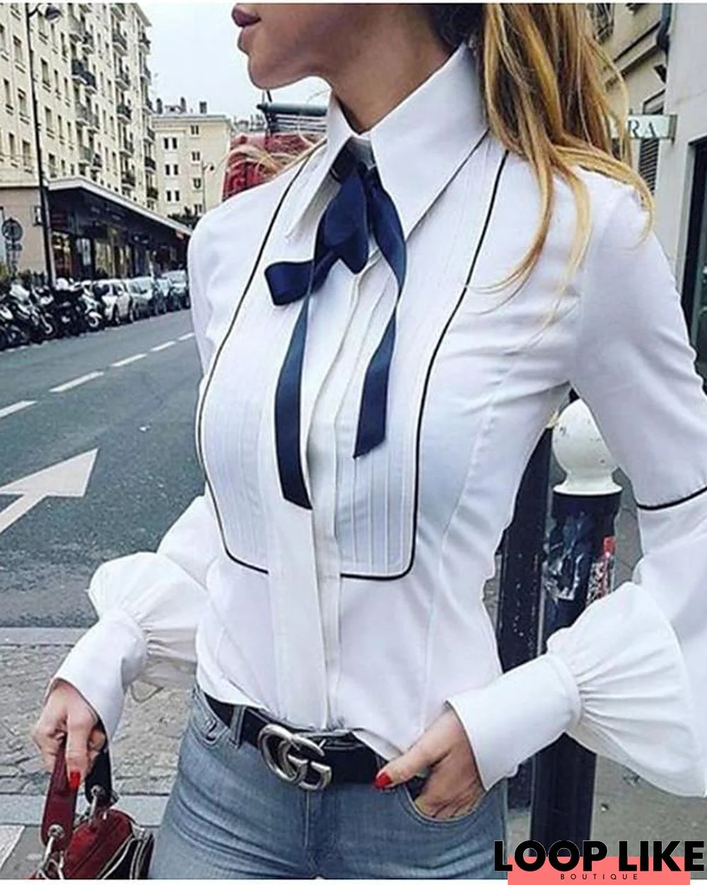 Women's Blouse Shirt Solid Colored Plain Long Sleeve Pleated Fashion Bow Shirt Collar Tops Puff Balloon Sleeve Basic Top White-0203814