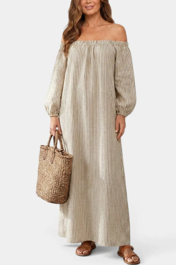 Off-Shoulder Striped Maxi Dress with Puff Sleeves