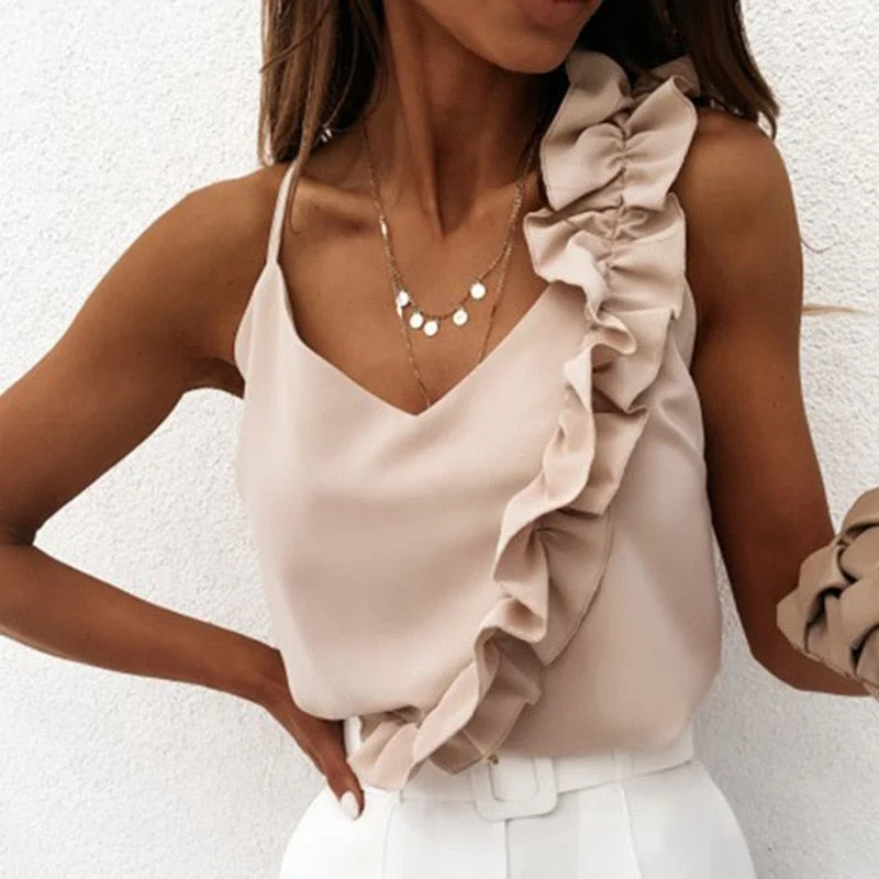 Summer Blouse Shirts Women Sexy V Neck Ruffle Blouses Backless Spaghetti Strap Office Ladies Sleeveless Casual Tops