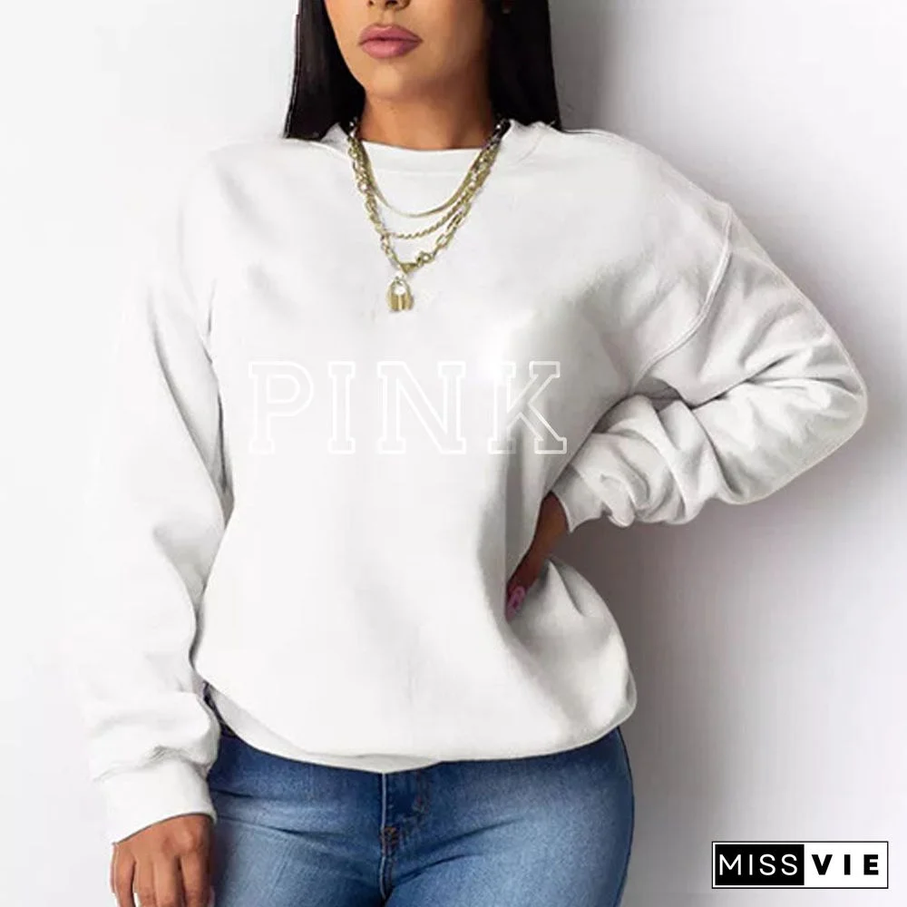 PINK Letter Print Loose Pullovers Sweatshirt Tops