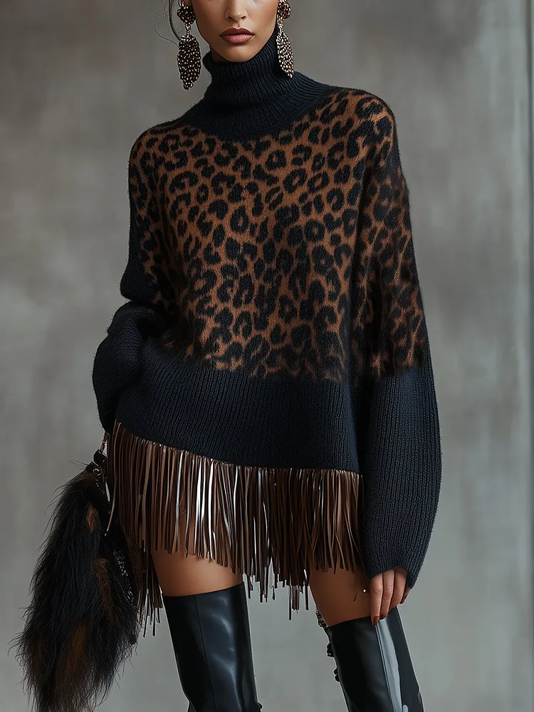 Dark Blue Fringe Leopard Turtleneck Knit Dress