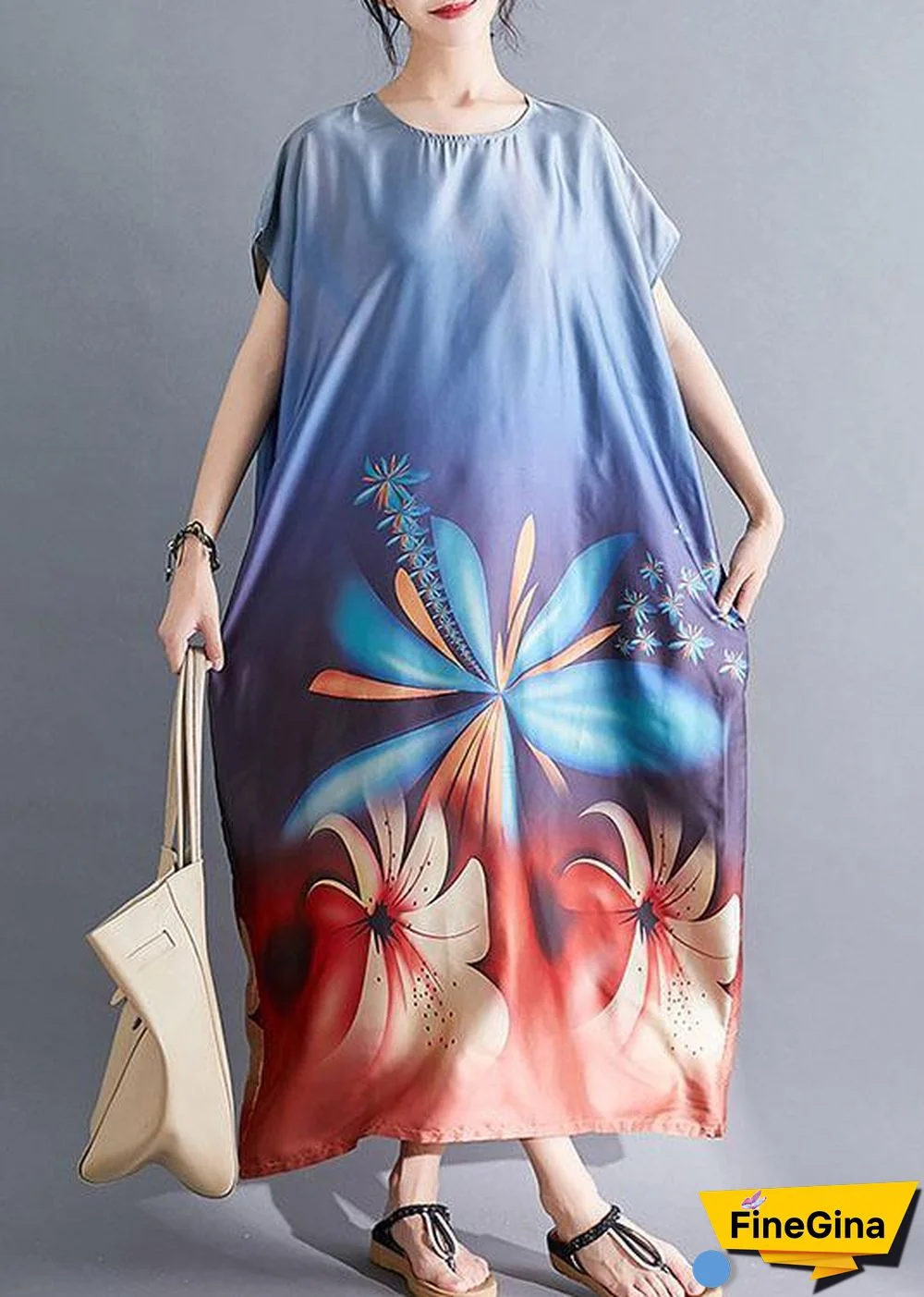 Modern blue prints tunic pattern Batwing Sleeve summer Dresses