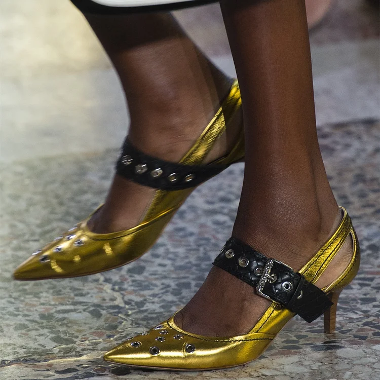 Gold and Black Studs Kitten Heel Mary Jane Pumps |FSJ Shoes