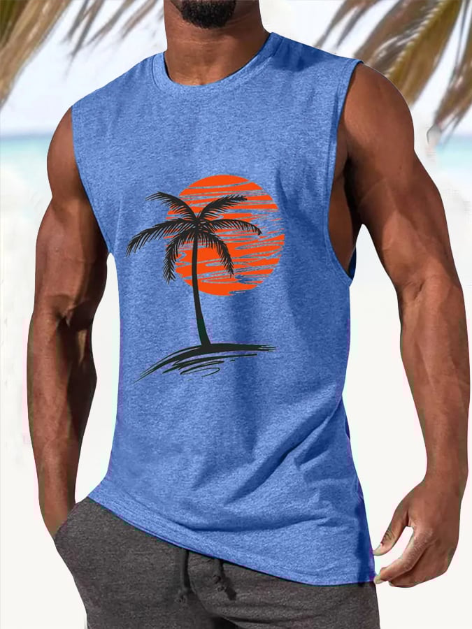 Men's Hawaiian Coconut Print Round Neck Casual Tank Top