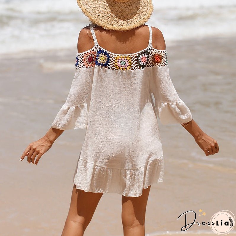 Holiday Suspenders Sun-protective Clothing Crocheted Lace Shoulder Dress Casual Short Solid Color Sunscreen Beach Skirt