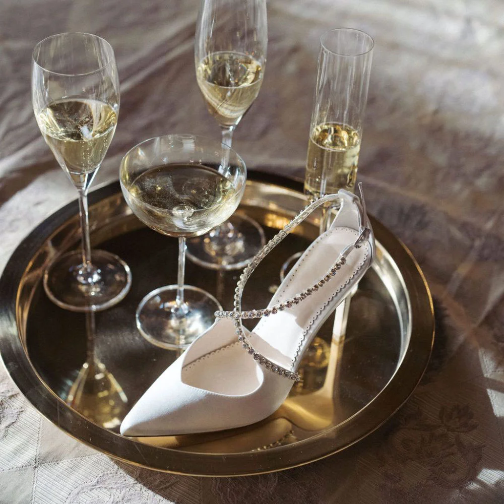 Elegant White Satin Pointed-Toe Cross Rhinestone Strap Wedding Heels