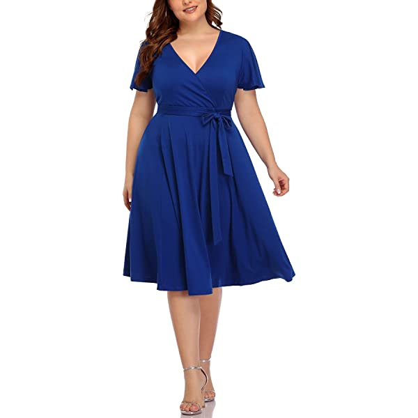  thdmladies Plus Size Wrap V Neck Midi Casual Wedding Guest Short  thedmladies