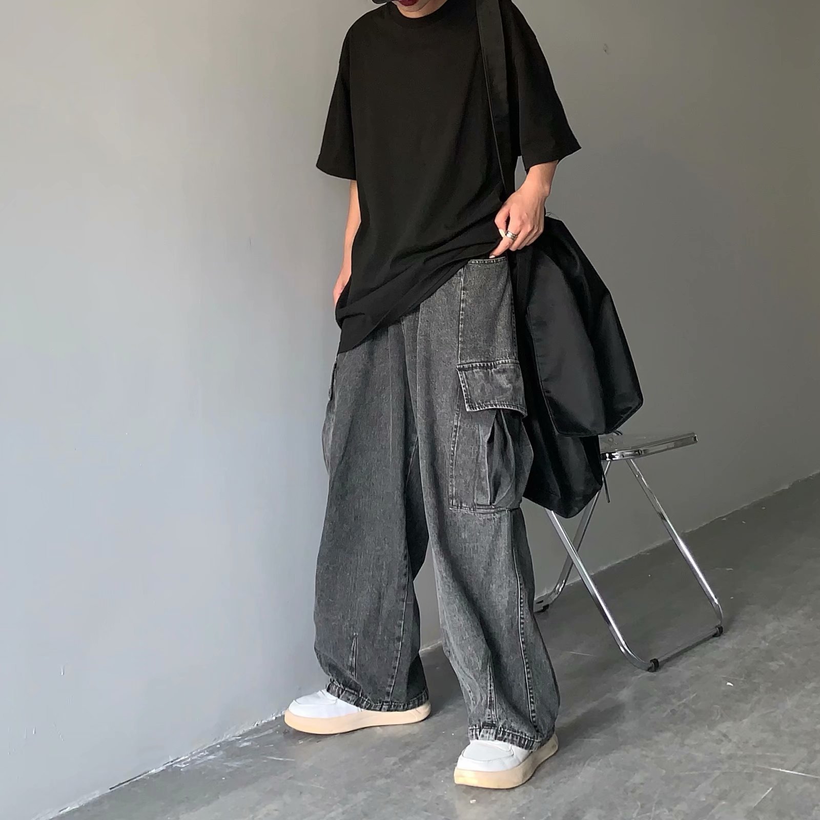 Retro Draped Loose Wide-leg Casual Large Pocket Work Jeans