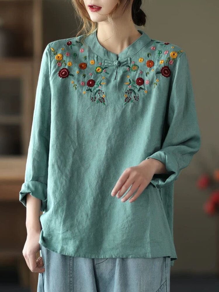 Floral Embroidery Stand Collar Dish Long Sleeve Vintage Blouse P1858598