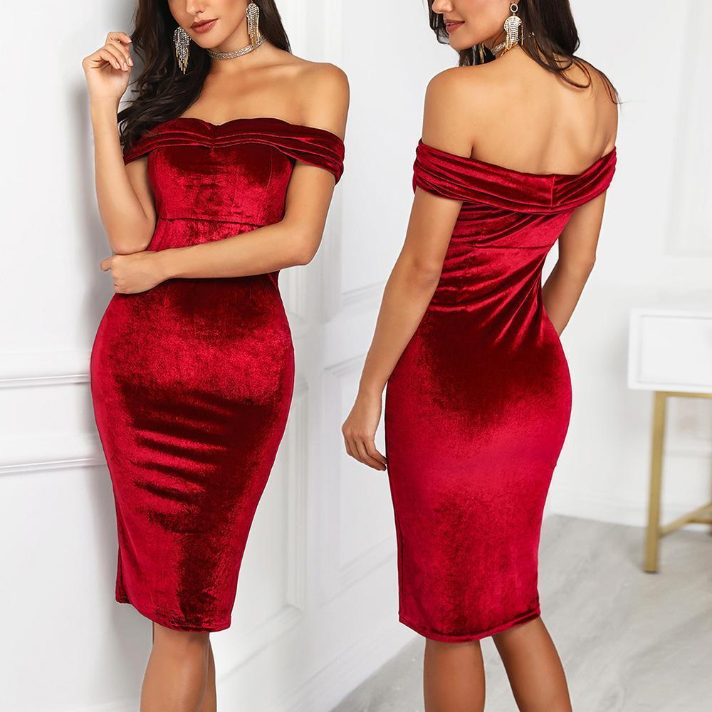 Off-The-Shoulder Velvet   Tight-Fitting Elegant Dress