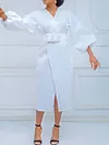 Simple Lantern Sleeve V-Neck Belted Solid Color Midi Dress