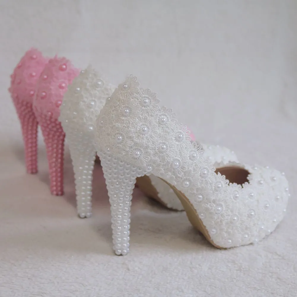 Breakj Breakj Lace Heels Wedding Shoes Lace Pearl Shoes Size Fine Heel Waterproof Shoes 14WL