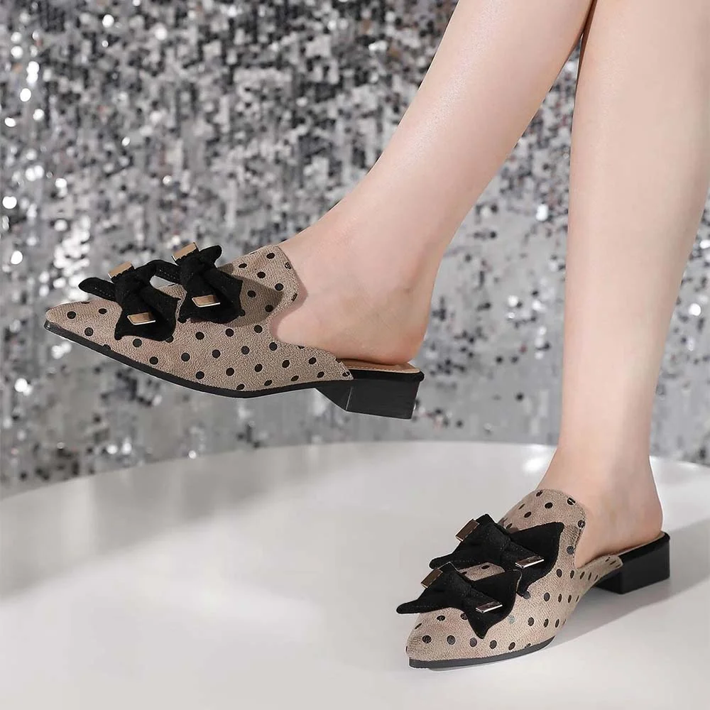 Light Brown Pointed Toe Dot Shoes With Bow Decor Flats Heel Mules Nicepairs
