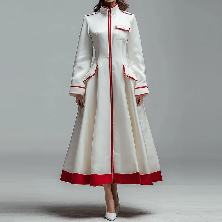 Ursime Contrast Binding Flap Pocket Long Sleeve Coat Midi Dress