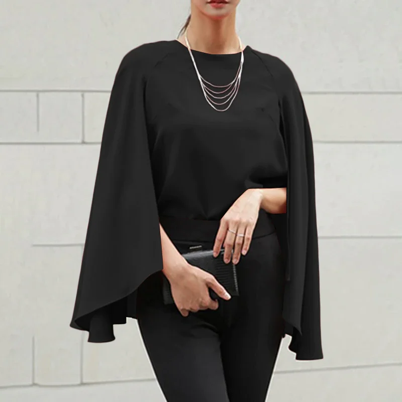 Jangj ZANZEA Elegant Autumn Women Blouse Casual O Neck Loose Cloak Cape Tops Fashion Solid Poncho Shirt Work Blusas Streetwear Chemise