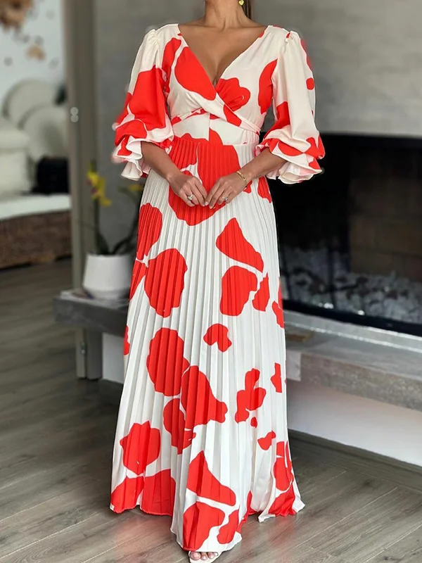 Floral Printed Pleated Long Sleeves V-Neck Maxi Dresses
