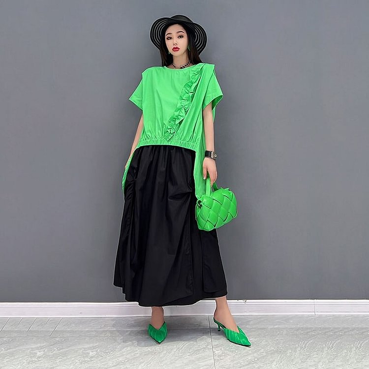 Fashion Loose Round Neck False Two Piece Ruffle Back Split Short Sleeve Dress
