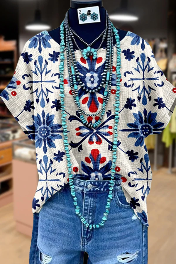 Vintage Ethnic Print Dolman Sleeve Top