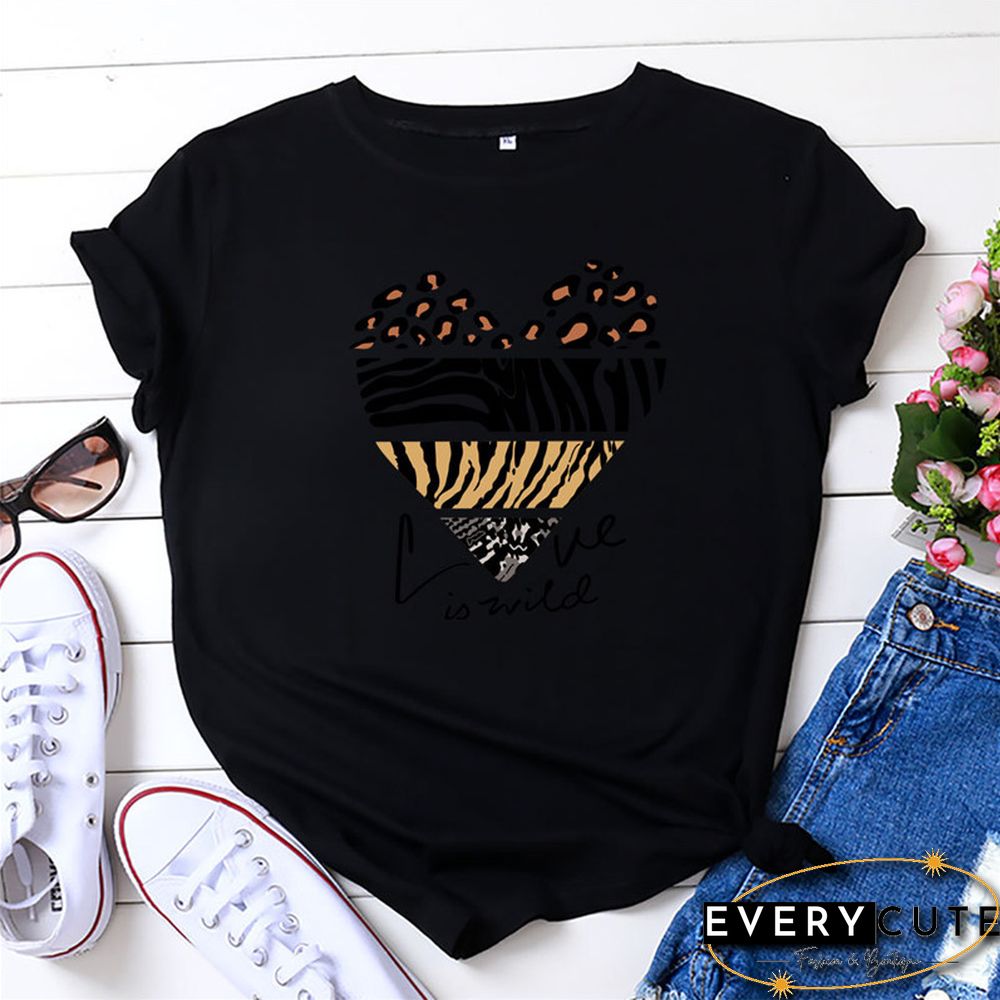 White Woman Tshirts Summer TShirt Fashion Heart Leopard Print Shirt 100%Cotton Tops O Neck Short Sleeve Tees Women Graphic Tee