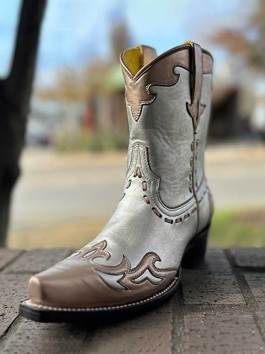Silver Vegan Leather Snip Toe Bronze Patch-Work Cowboy Ankle Boots