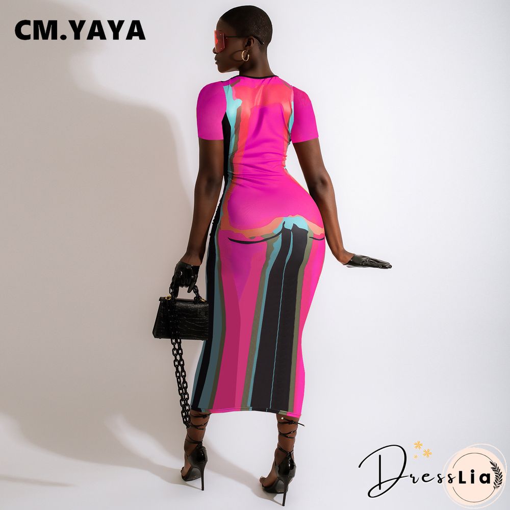 CM.YAYA Women 3D Printed Short Sleeve O-neck Bodycon Midi Maxi DressFor Summer Sexy Night Party Clubwear Long Dresses