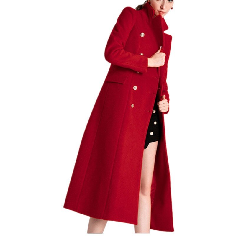 Christmas Red Overcoat Women Winter Wool Coat 2020 Vintage Elegant OL Fashion Double Breasted Long Coat Plus Size 2XL Slim-fit
