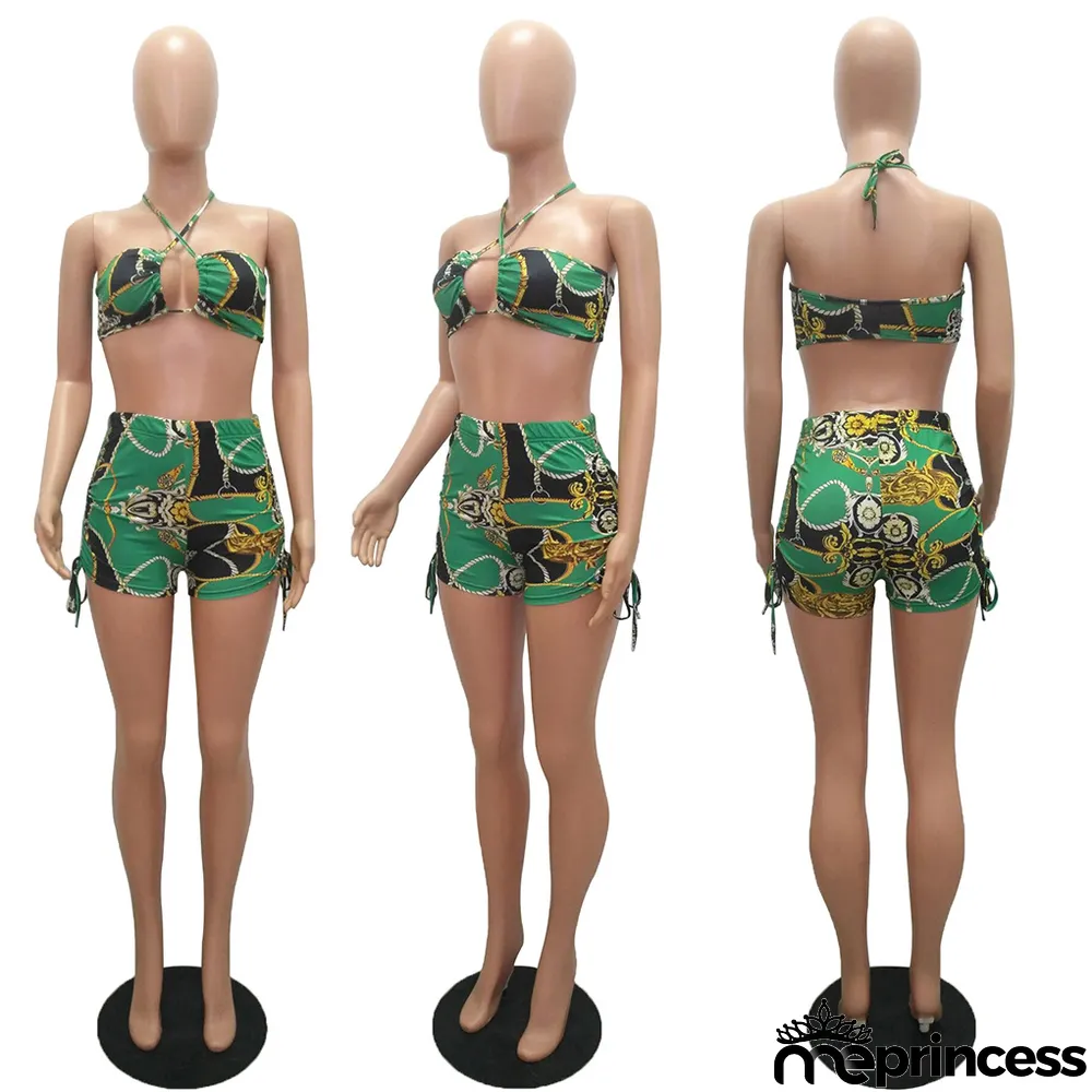 Sexy Printed Halter Two Piece Shorts Set