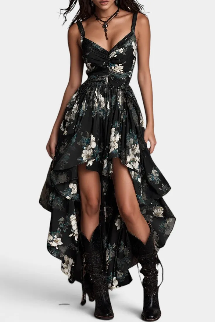Asymmetric Floral Dress with Deep V-Neck and High Slit