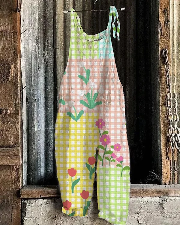 Vintage Bohemian Resort Style Floral Art Loose Jumpsuit