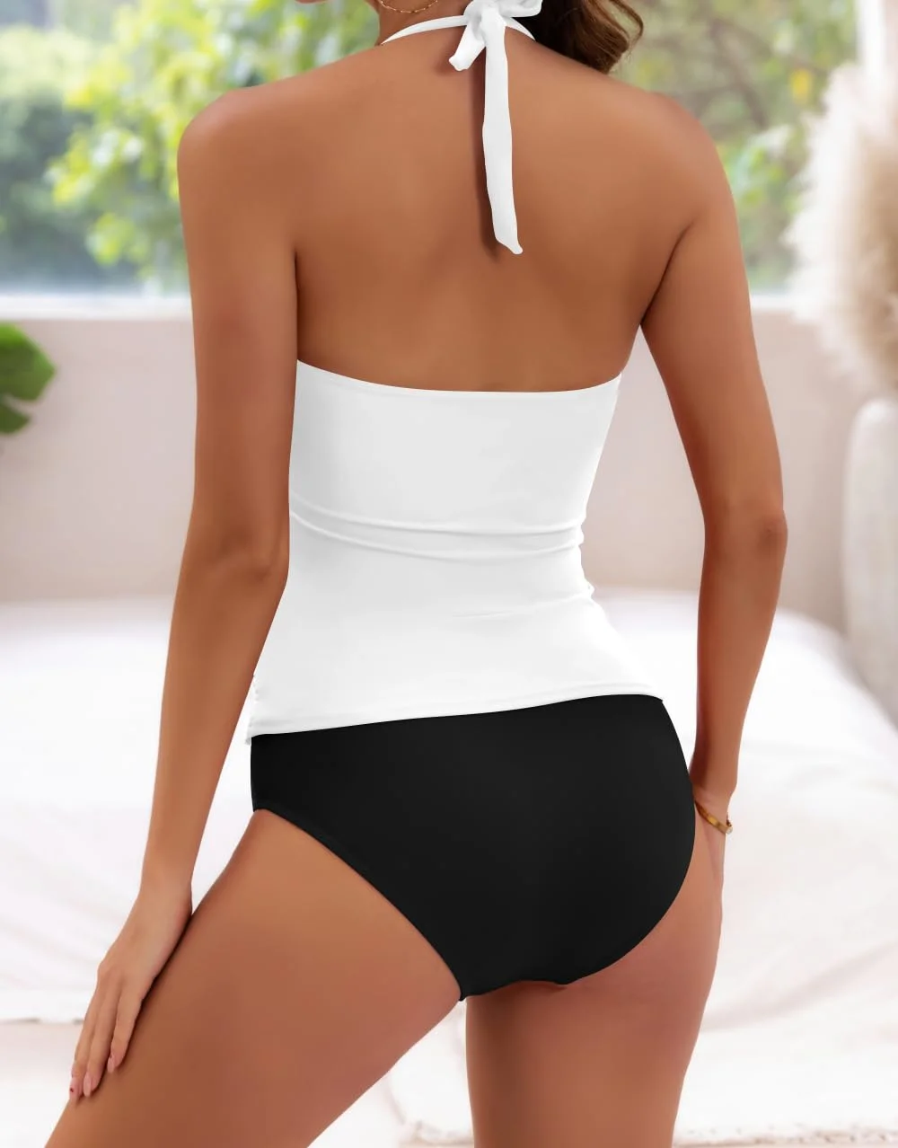 Halter V Neck Tummy Control Tankini Swimsuit for Women 