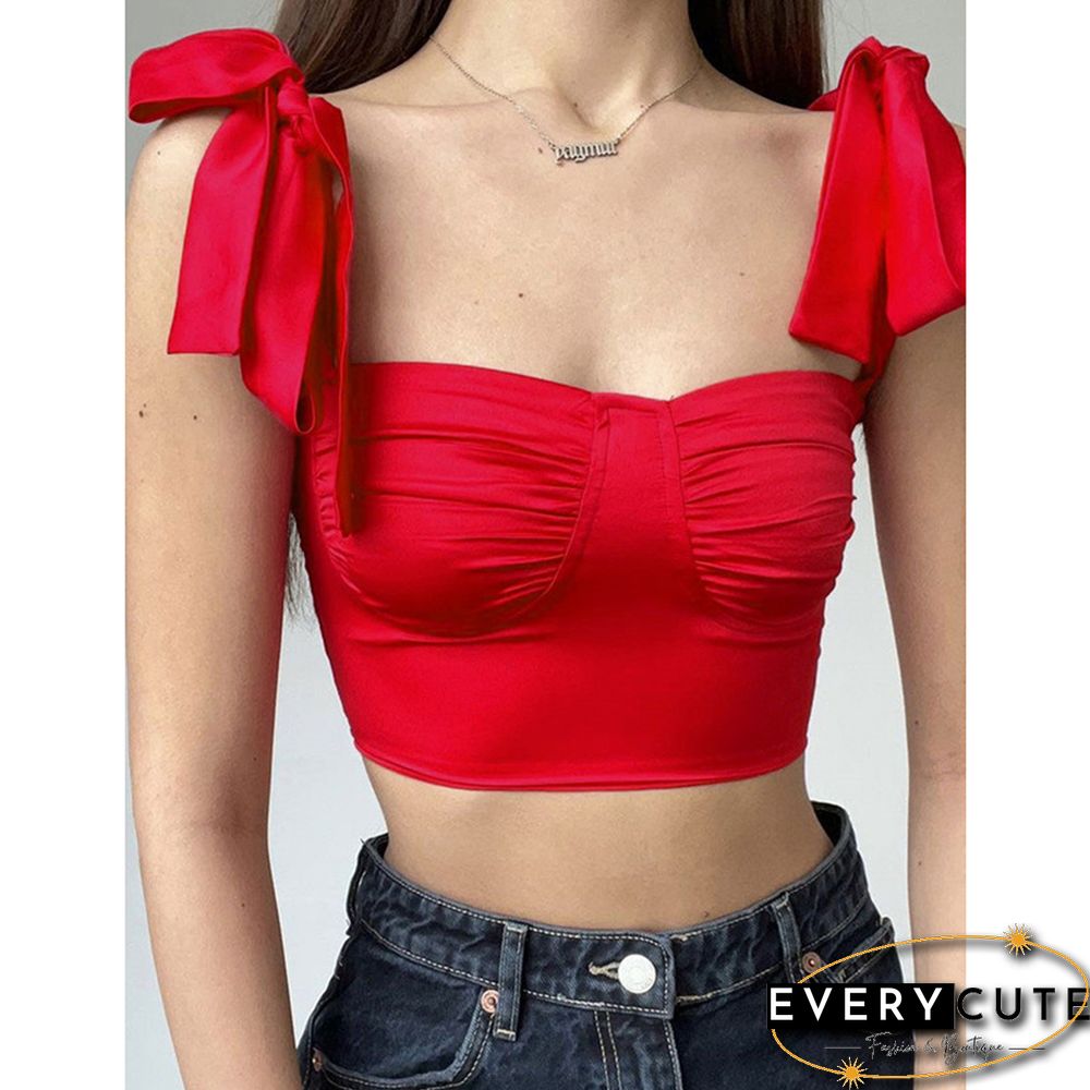 Red Lace-up Spaghetti Straps Crop Tops
