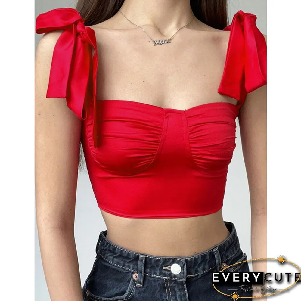 Red Lace-up Spaghetti Straps Crop Tops