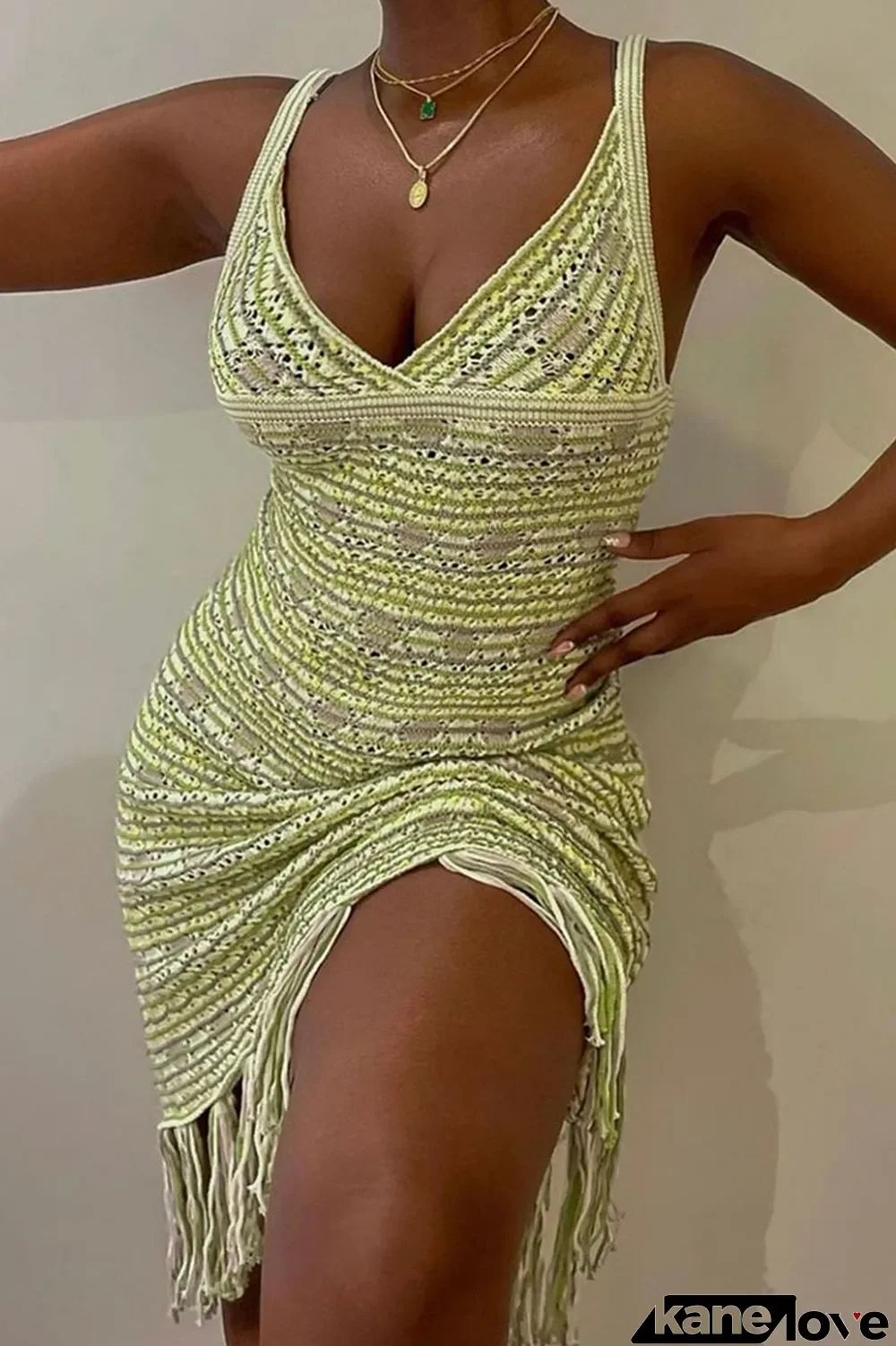 Yellow Sexy Tassel Hollowed Out Split Joint V Neck Sling Dress Dresses