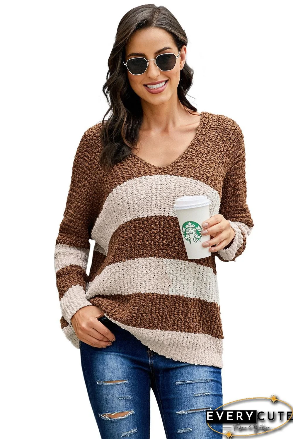 Brown V Neck Loose Color Block Sweater