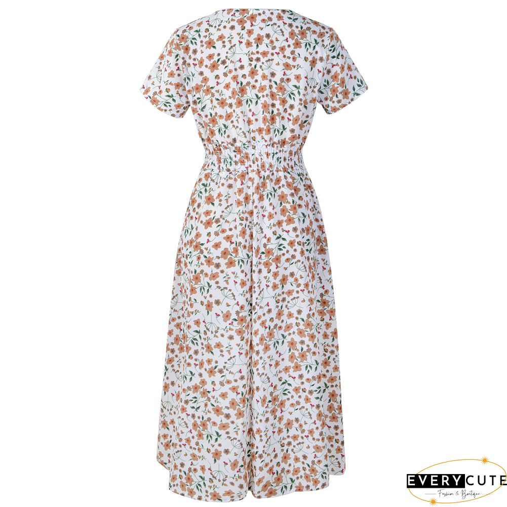 Floral Print Paneled Short Sleeves Elegant A-line Midi Dress