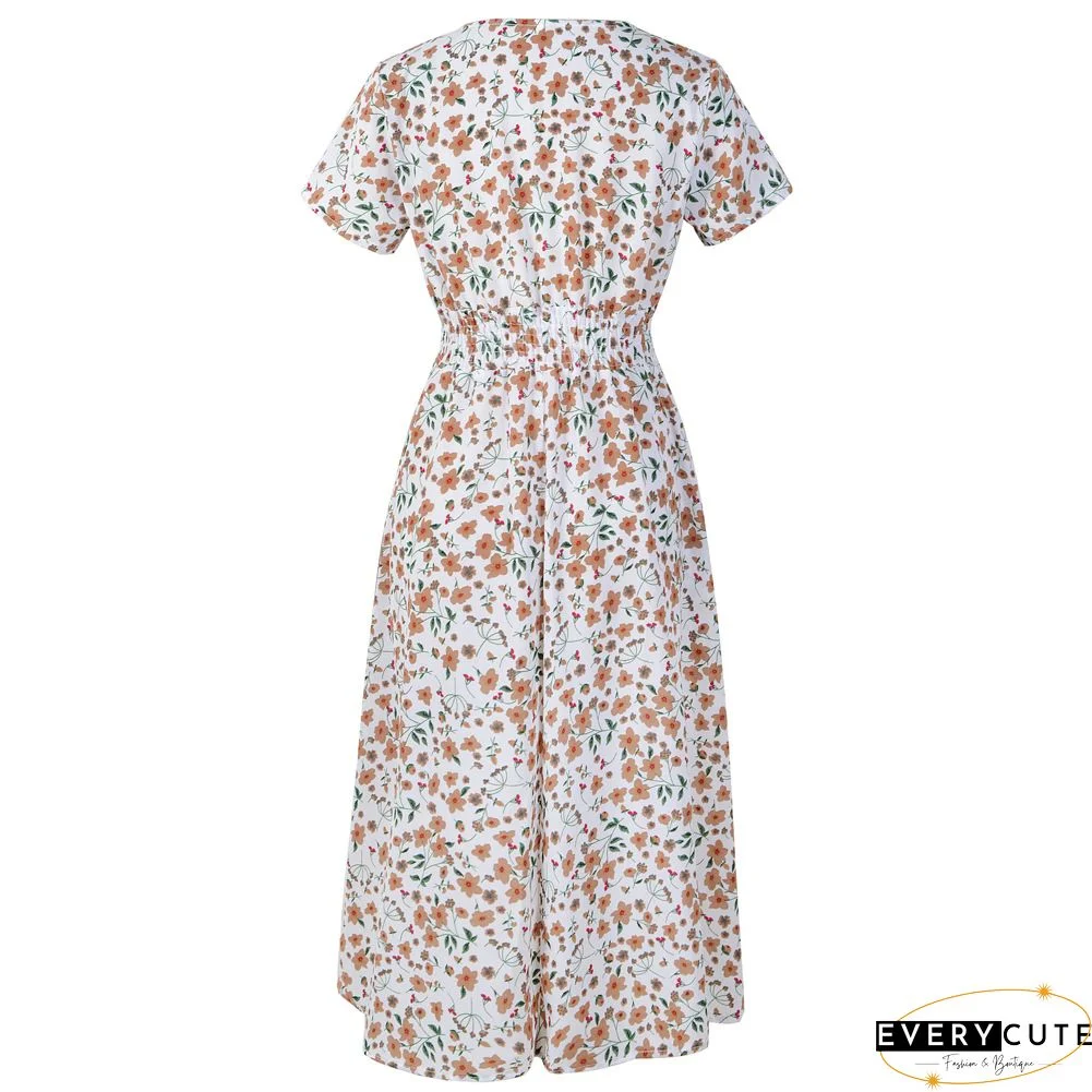 Floral Print Paneled Short Sleeves Elegant A-line Midi Dress