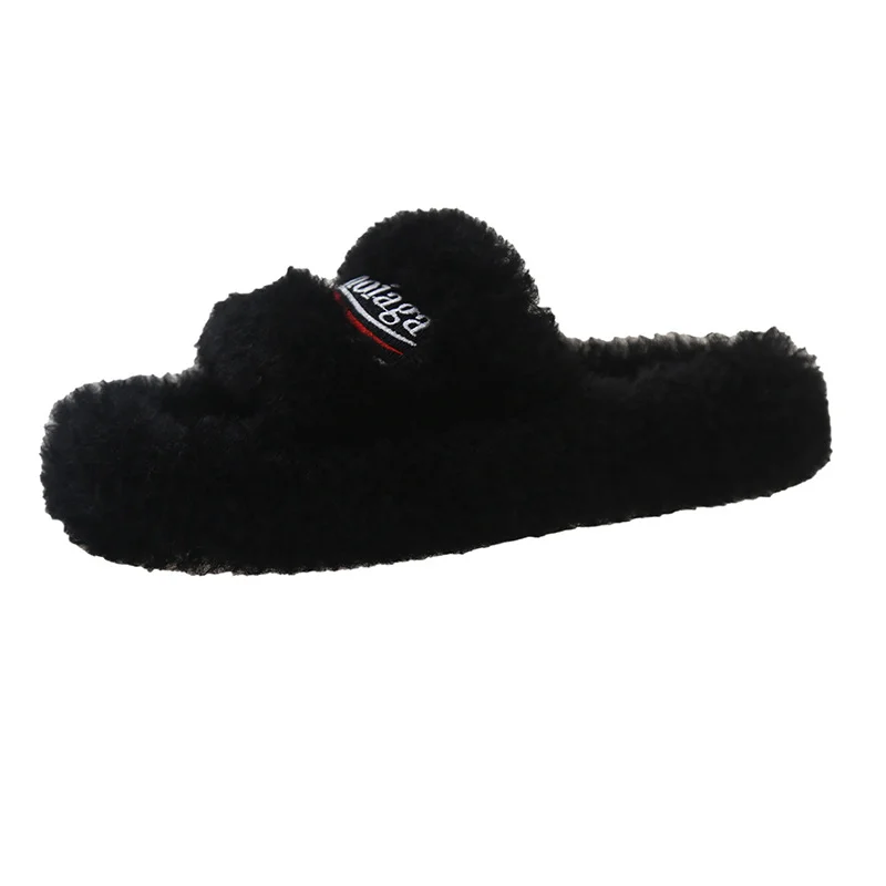Yyvonne Slippers Women Wear 2025 New Letter Embroidered Thick Bottom Lamb Hair Autumn Winter Flat Letter Slippers