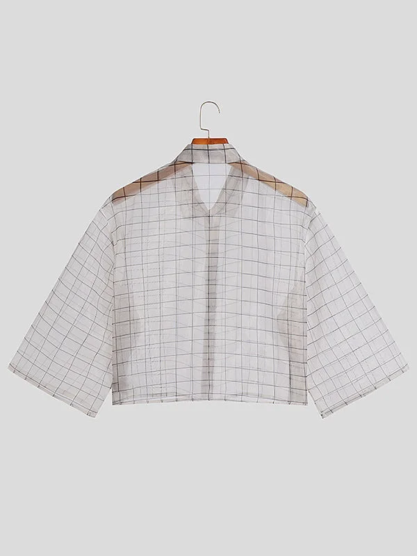 Aonga - Mens Plaid Sheer Mesh See Through ShirtJ aonga