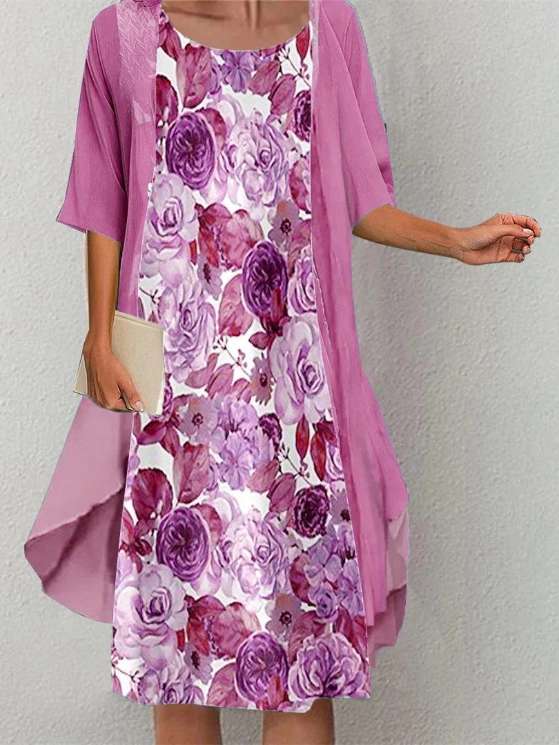 Women Half Sleeve Scoop Neck Floral Printed Two-Piece Midi Dress