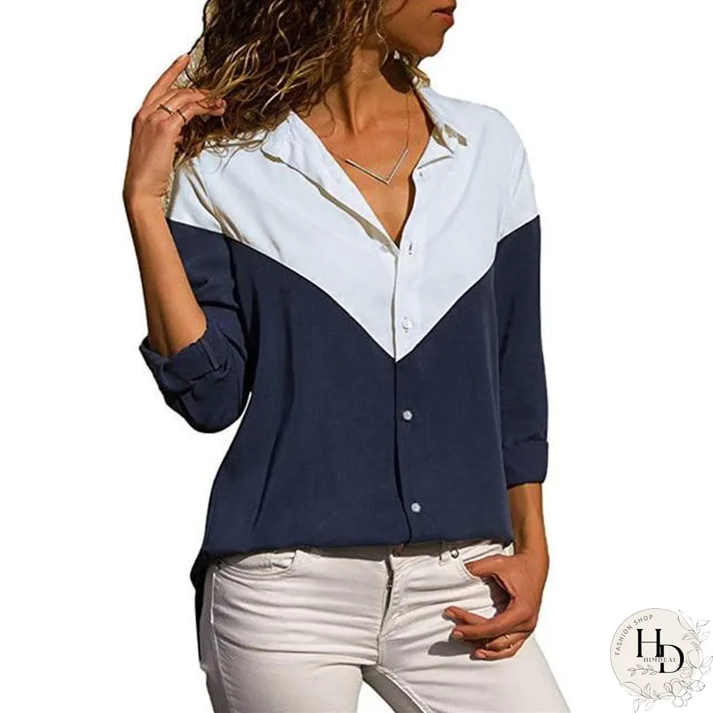 Women Color Block Striped Shirt Elegant Casual Long Sleeve Blouse