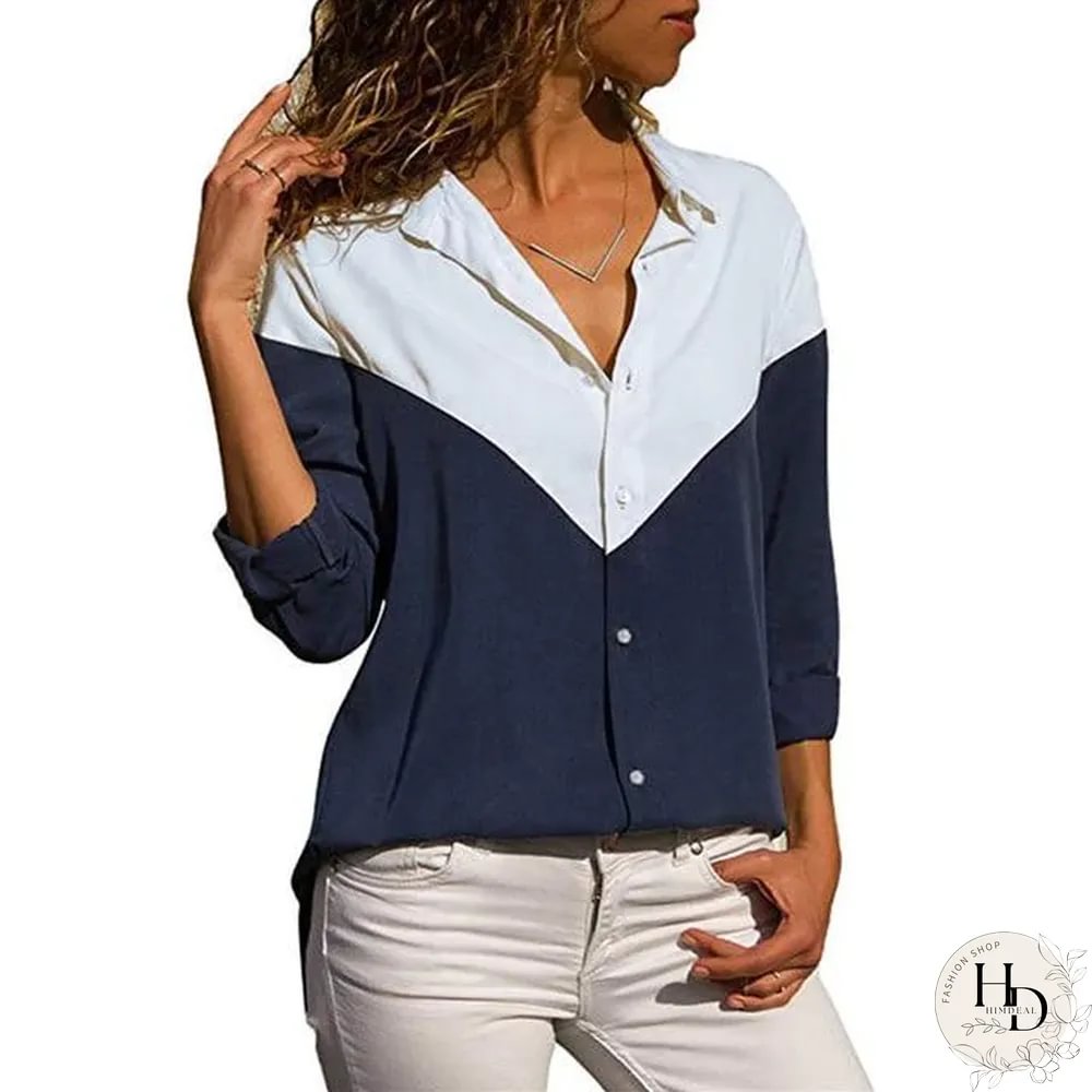 Women Color Block Striped Shirt Elegant Casual Long Sleeve Blouse