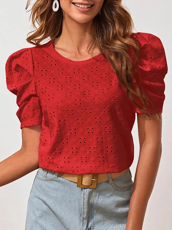 Hollow Pleated Solid Color Loose Short Sleeves Round-Neck T-Shirts Tops