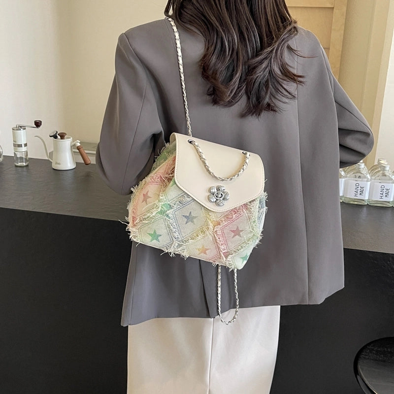Women’s Medium Cloth Color Block Star Classic Style Streetwear Sewing Thread Square Flip Cover Fashion Backpack