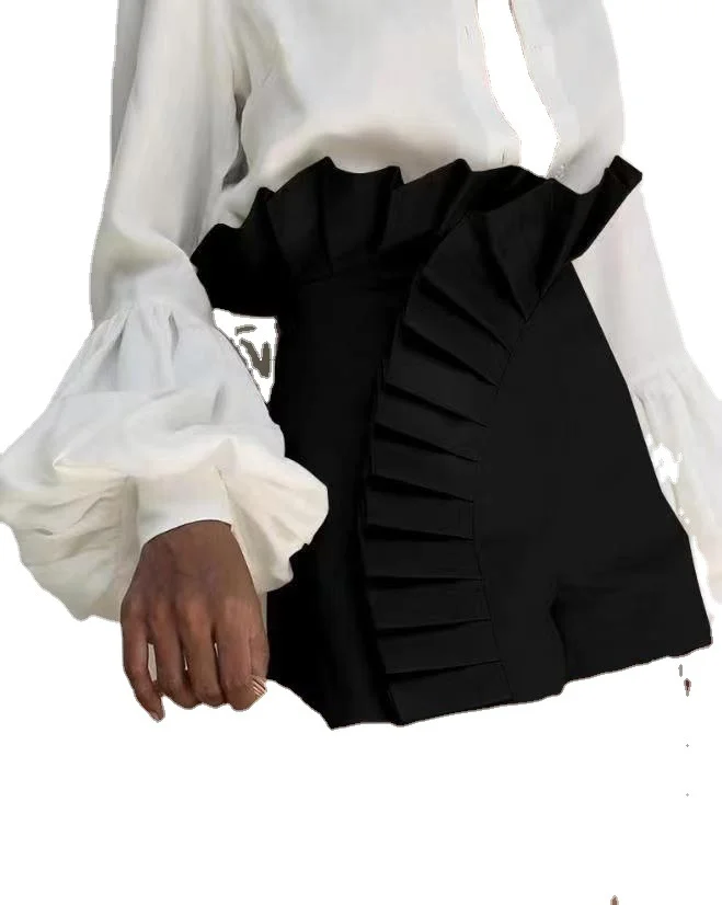 Wongn Wongn 2023 Fashion Women's Solid Color Pleated Lace Design High-Waisted Zip Shorts