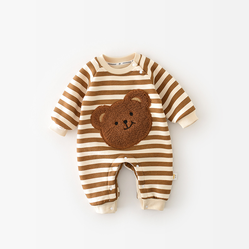 Baby Boy/Girl Crewneck Stripe and Embroideried Bear Long Sleeve Snap Romper