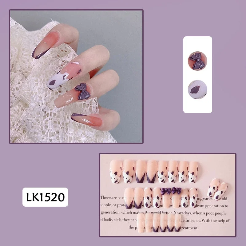 24pcs Butterfly Print Nails Patch Glue Type Long Paragraph Fashion Manicure Patch False Nails Save Time Nail Patch New SANA889-Nail Inspo