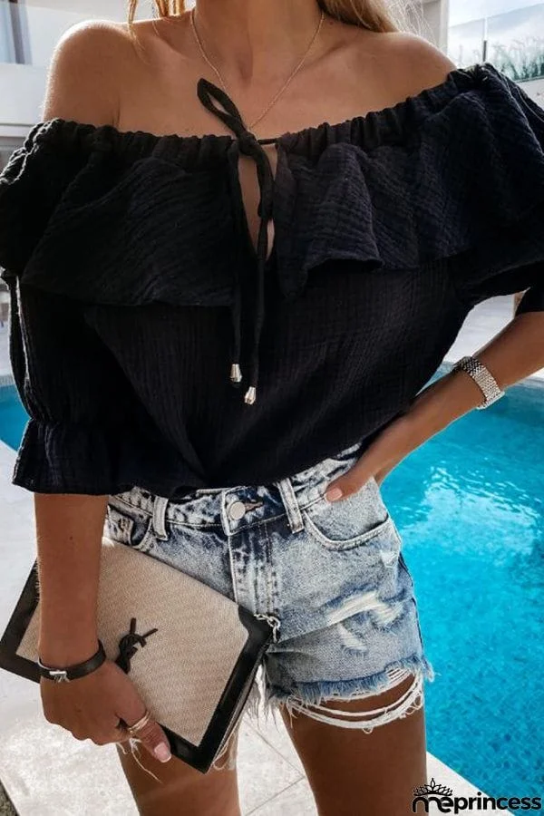 Off Shoulder Ruffle Solid Short Sleeve Shirt
